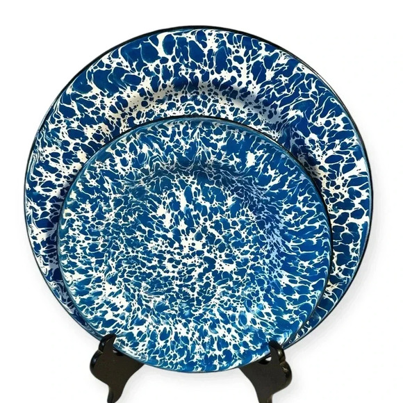 Enamelware metal Dinner Plate Blue/White Splatter set of 3 - Picture 1 of 5